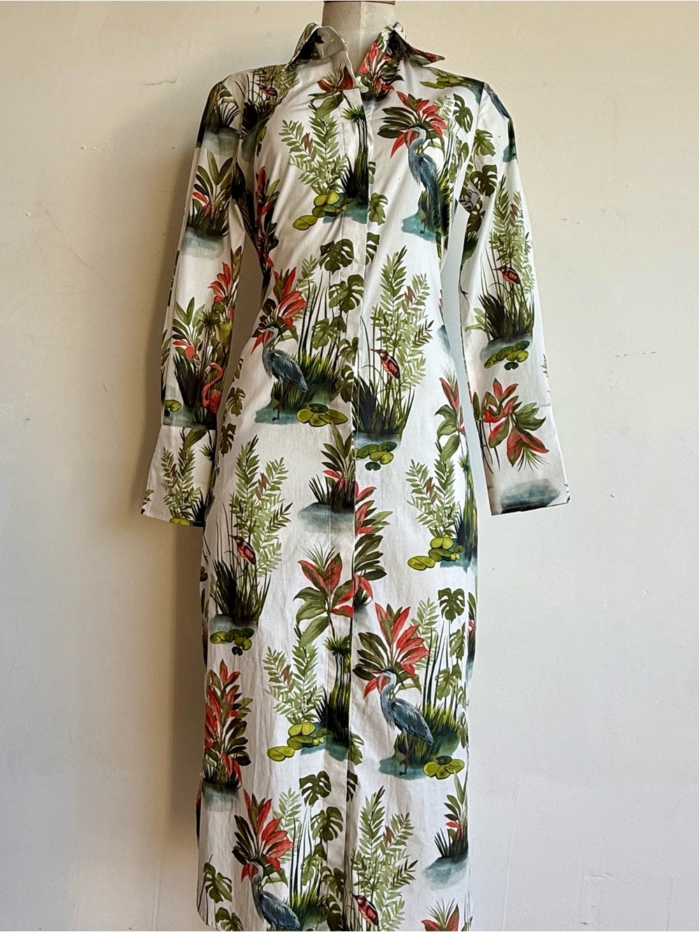 J. McLaughlin Midi Shirt Dress XS Green Coral tropical print long sleeves NWOT